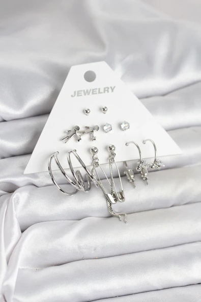 Pirinç Gümüş Renk 6'lı Kadın Küpe Seti ürün görseli 1