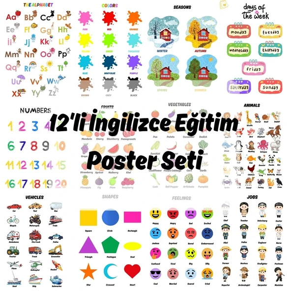 Besay Okul Öncesi İngilizce Eğitim Poster Seti 12'Li A3 Çerçevesiz ürün görseli 1