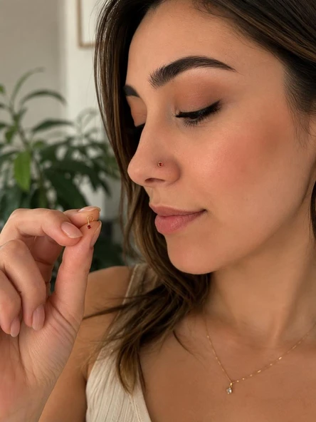 925 Ayar Gümüş Kırmızı Taşlı Burun Hızması Piercing Minimal L Şekilli Unisex Nose Stud ürün görseli 1