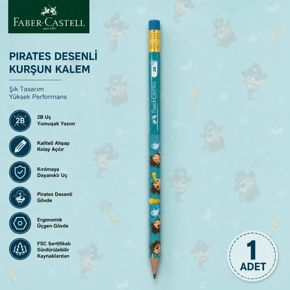 Faber-Castell Pirates Desenli Kurşun Kalem 1 Adet 2B Yuvarlak Gövde ürün görseli 1
