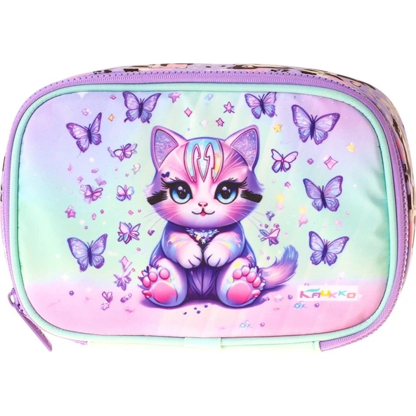 Kaukko Kids Mor Kedi Desenli Yeşil - Mor Kız Çocuk Organizer Kalem Çantası - Kalemlik - L5294 ürün görseli 1