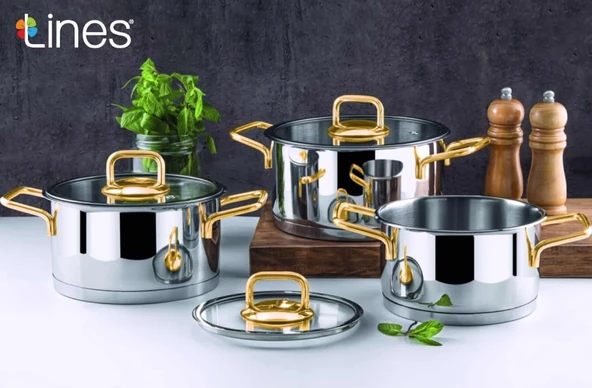 LİNES SİLVER 6 PCS BASIK TENCERE SETİ DİK MODEL ALTIN KULP ürün görseli 1