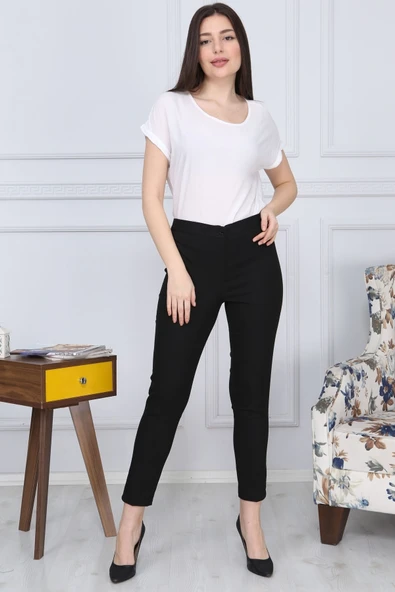 Gül Moda Kadın Kemerli Dar Paça Yüksek Bel Kumaş Pantolon Siyah G011-1 ürün görseli 1