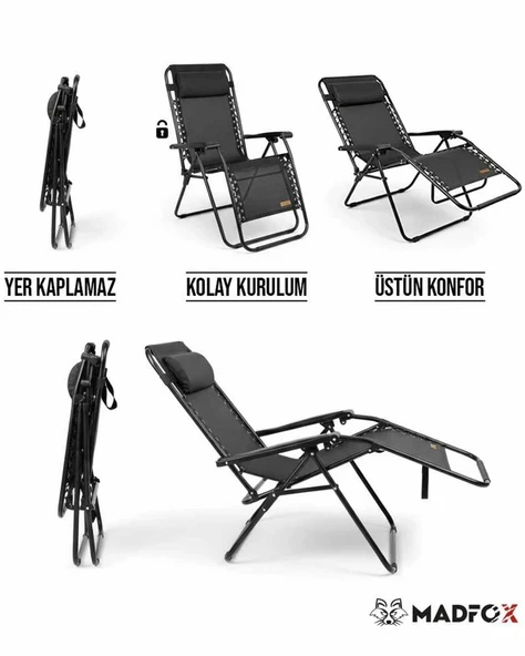 Madfox Easyrest Gri Katlanır Şezlong Sandalye - Resim 4