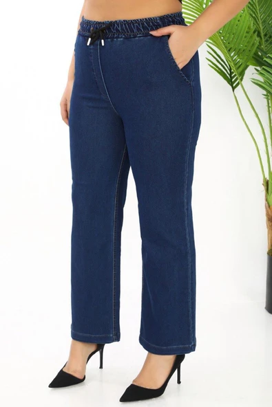 Gül Moda Beli Lastikli Bol Paça Kot Pantolon Likralı Yüksek Bel Lacivert G115-1 ürün görseli 1
