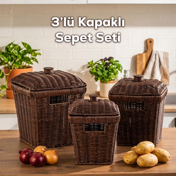 Porsima Pbt-919-1 3lü Hasır Sepet Kapaklı Bambu Sepet seti Dekoratif Banyo Mutfak Düzenleyici Patates Soğan Sepeti Organizeri ürün görseli 1
