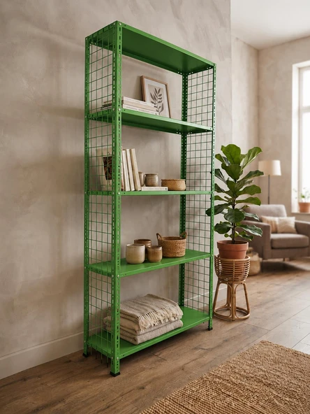 5 Katlı Renkli Tel Kafesli Dekoratif Çelik Raf - Çiçeklik rafı, Ofis Rafı 0,70 mm  Mavi 43x93 cm 200 cm ürün görseli 1
