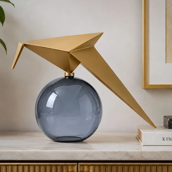 Auren Glide Gold Metal Kuş Figürlü Füme Camlı Dekoratif Biblo ürün görseli 1