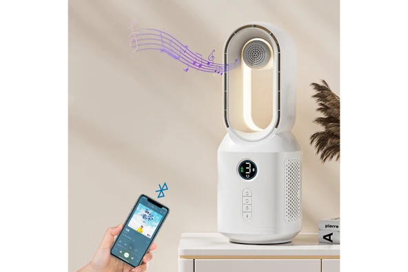 HEPU HP-F29 360 Derece Döner Pervanesiz USB Şarjlı Masaüstü Fan Bluetooth Hoparlörlü LED Gece Lambalı Dijital Ekranlı 4000mAh ürün görseli 1