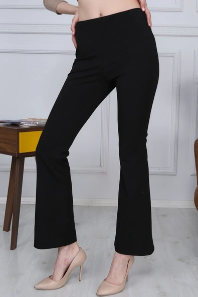 Gül Moda Ispanyol Paça Beli Lastikli Likralı Kumaş Pantolon Cepsiz Siyah ürün görseli 1
