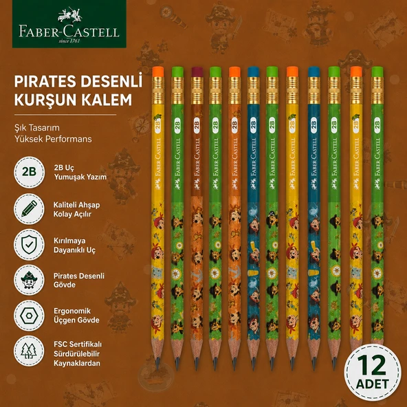 Faber-Castell Pirates Desenli Kurşun Kalem 12 Adet 2B Yuvarlak Gövde ürün görseli 1