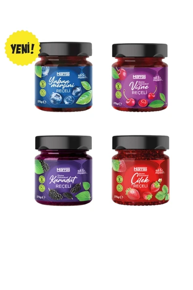Harras Şeker İlavesiz! 4'lü Reçel Seti (Yaban Mersini, Vişne, Karadut, Çilek) - %65 Meyveli 4 x 275g ürün görseli 1