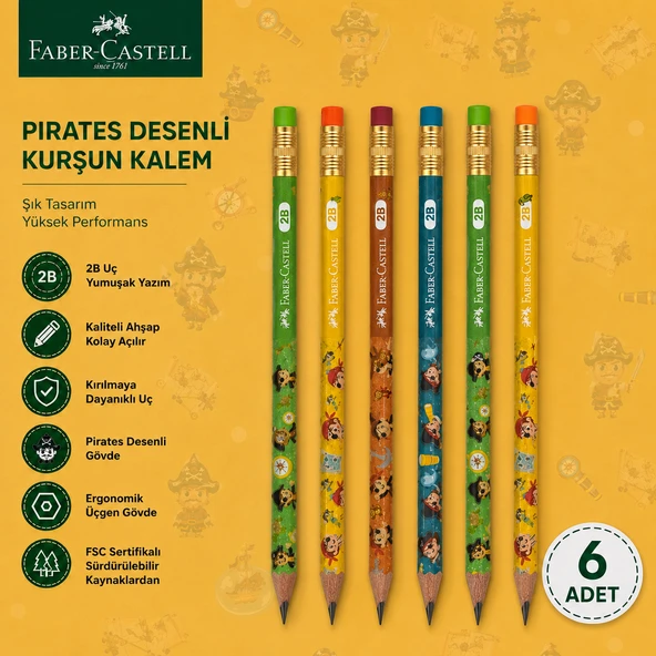 Faber-Castell Pirates Desenli Kurşun Kalem 6 Adet 2B Yuvarlak Gövde ürün görseli 1
