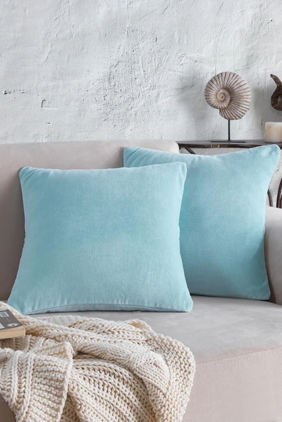 Cozy | 2 Adet Turkuaz Renk Kadife Pamuklu Kırlent Yastık Kılıfı 44x44 Cm ürün görseli 1