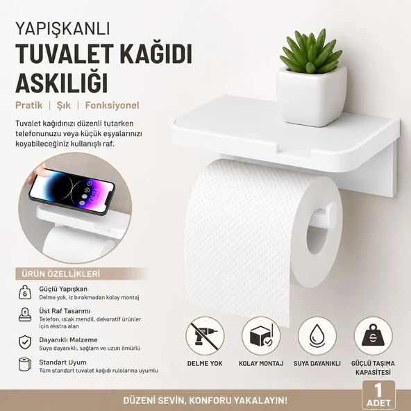 3B Trend Yapışkanlı Tuvalet Kağıdı Askılığı Raflı - Delme Gerektirmeyen Raflı Tuvalet Kağıdı Tutucu ürün görseli 1