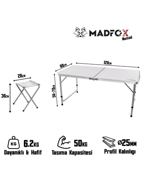 Madfox Beyaz Tabureli Katlanır Kamp Masası Seti - Resim 3
