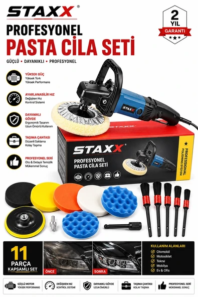 Oto Pasta Cila Polisaj Makinesi 1400W 180 mm Devir Kontrollü Full Aksesuar Seti Jant Temizleme Fırça ürün görseli 1