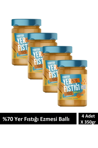 Harras Katkısız Ballı Parçacıklı Yer Fıstığı Ezmesi %70 fıstık %20 bal 4 Adet X 350gr ürün görseli 1