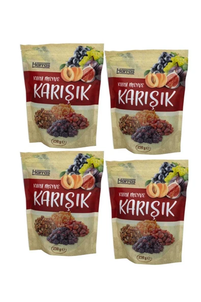 Harras Lüks Karışık Kuru Meyve 4'lü Paket | Doğal İncir Kayısı Üzüm Karışımı | 4 Adet X 250 gr ürün görseli 1