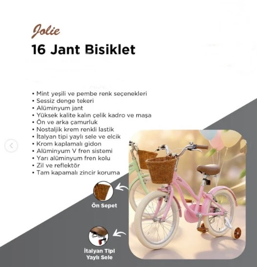Gokidy Jolie 16" Jant Çocuk Bisikleti - Italyan Tipi Sele ve Elcik Pembe ürün görseli 1