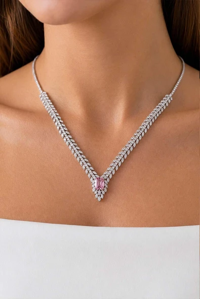 Gümüş Pazarım Prenses Serenadı Pembe Taşlı Gerdanlık Gümüş Kolye ürün görseli 1