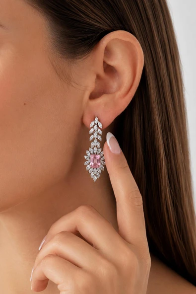 Gümüş Pazarım Prenses Serenadı Pembe Taşlı Detaylı Gümüş Küpe ürün görseli 1