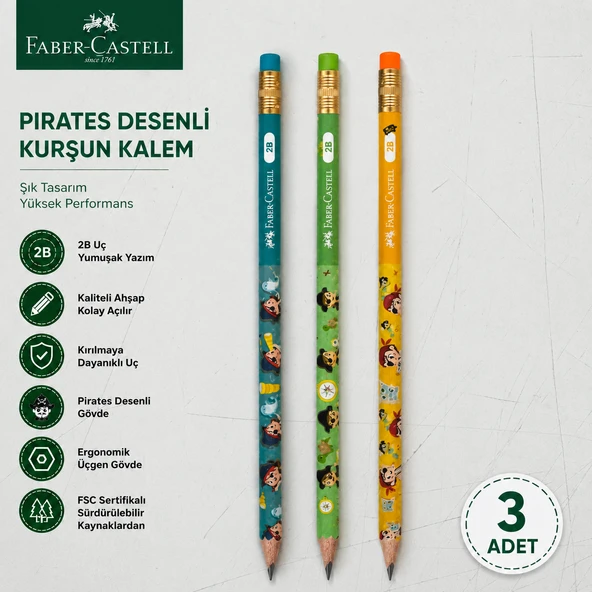 Faber-Castell Pirates Desenli Kurşun Kalem 3 Adet 2B Yuvarlak Gövde ürün görseli 1