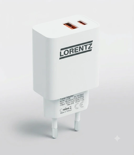 Lorentz 20W Çift Portlu Hızlı Şarj Cihazı, 1xusb-C, 1xusb-A Beyaz, LR09 ürün görseli 1