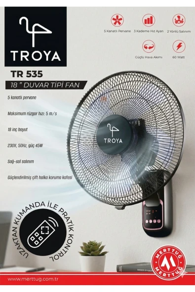 TROYA 524 Duvar Tipi 18 İnç Uzaktan Kumandalı Vantilatör ürün görseli 1
