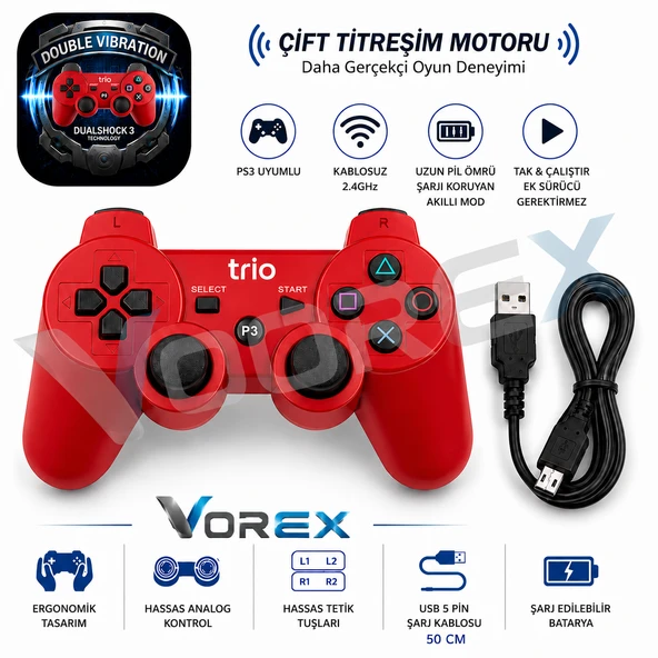 Trio TR-903 PS3 Uyumlu Kablosuz Oyun Kolu Çift Titreşim Wireless Controller USB Şarjlı ürün görseli 1