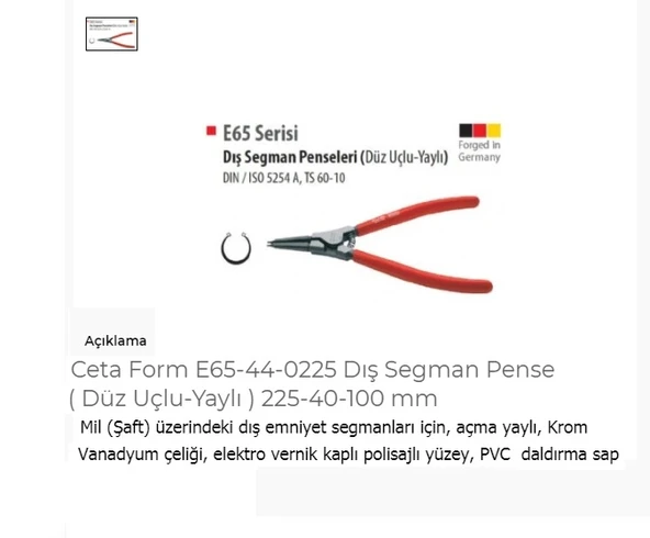Ceta Form E65-44-0225 Dış Segman Pense Düz Uçlu-Yaylı 225-40- ürün görseli 1