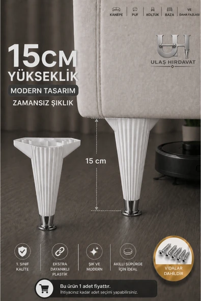 Ulaş Hırdavat Mobilya - Baza - Koltuk - Akıllı Masa Ayağı, Beyaz Ayak - Krom Yüzük 15 Cm - Vida dahildir. ürün görseli 1