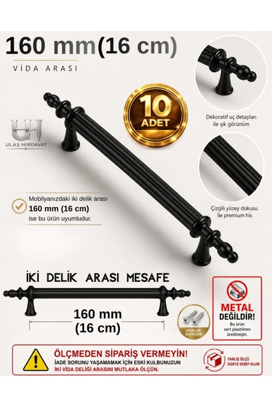 Ulaş Hırdavat Polavit 160 mm Siyah  Sert Plastik 10 Adet Mobilya , Mutfak Dolap ve Gardrop Kulpları (VİDA DAHİL) ürün görseli 1