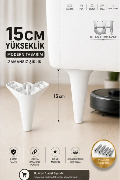 Ulaş Hırdavat Mobilya - Baza - Koltuk - Akıllı Masa Ayağı, Beyaz Renk Ayak (4 LÜ DEĞİL ADET FİYATIDIR ) 15 Cm - Vida dahildir. ürün görseli 1