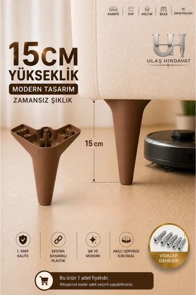 Ulaş Hırdavat Mobilya - Baza - Koltuk - Akıllı Masa Ayağı, Ahşap Ceviz Renk Ayak (4 LÜ DEĞİL ADET FİYATIDIR ) 15 Cm - Vida dahildir. ürün görseli 1