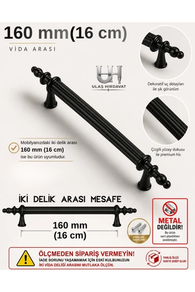 Ulaş Hırdavat Siyah Kulp 160 Mm Sert Polimer Kulp MOBİLYA MUTFAK BANYO (Vidalar dahildir) ürün görseli 1