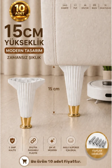 Ulaş Hırdavat Mobilya - Baza - Koltuk - Akıllı Masa Ayağı, Beyaz Ayak - Altın Yüzük 15 Cm - Vida dahildir. 10 Lu Alım ürün görseli 1
