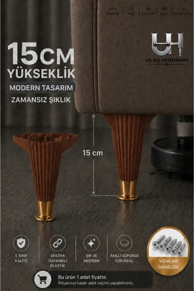 Ulaş Hırdavat Mobilya - Baza - Koltuk - Akıllı Masa Ayak Ayağı Ahşap Renk Çizgili Altın Yüzük 15cm / Vidalar Dahildir ürün görseli 1