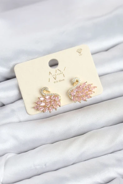 Pembe Zirkon Taşlı Gold Swan Kuğu Model Kadın Küpe TJ-BKP11942 ürün görseli 1