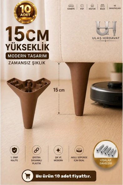 Ulaş Hırdavat Wetra Ayak 15 Cm Ahşap, Ceviz Renk Sert Plastik ( 10 Adet ) ürün görseli 1