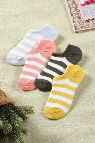 4 Çift Kadın Çizgili Kısa Çorap | Extra Soft Unisex Pamuklu Patik Çorap ürün görseli 1