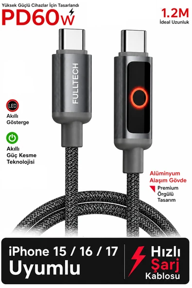 Type-c Hızlı Şarj Kablosu PD 60w iPhone 15 16 17 Pro Pro Max Plus Uyumlu 480mbps Data Transfer Led ürün görseli 1