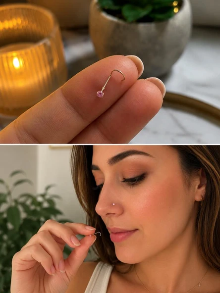 925 Ayar Gümüş Pembe Taşlı Sarı Burun Hızması L Tipi Minimal Unisex Nose Stud Piercing ürün görseli 1