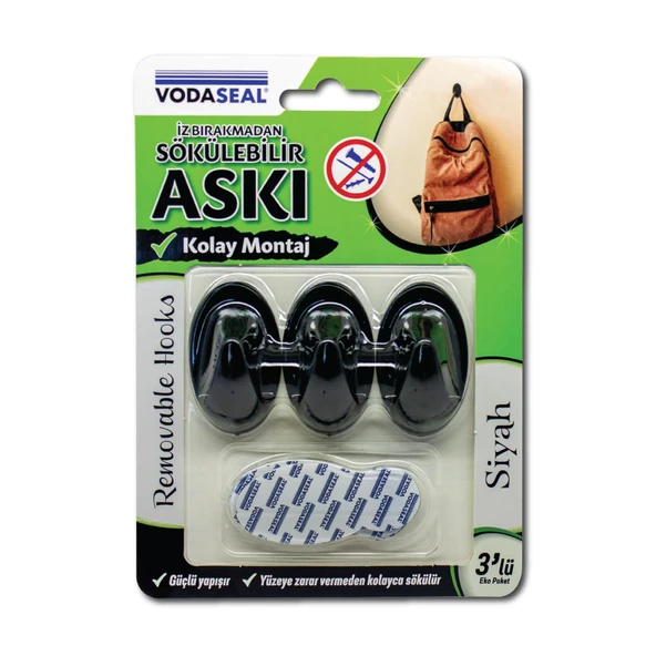 VodaSeal İz Bırakmadan Sökülebilir Askı - 3 Adet - Siyah ürün görseli 1