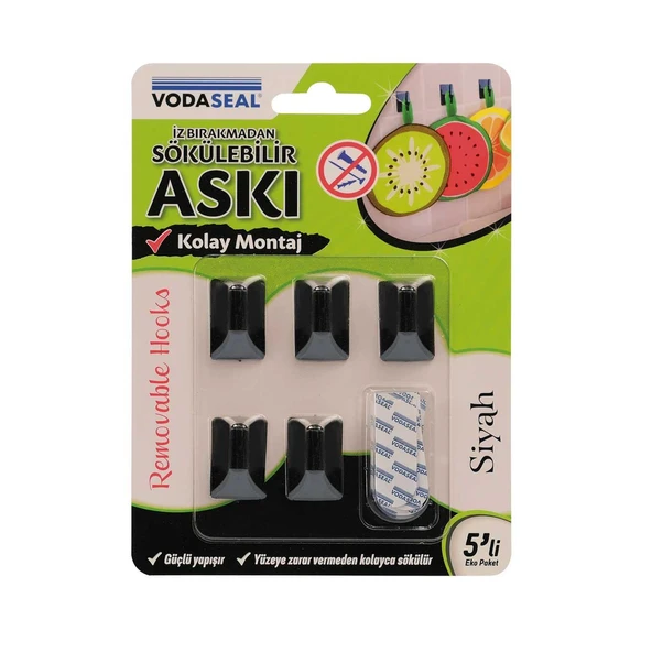 VodaSeal İz Bırakmadan Sökülebilir Küçük Askı - 5 Parça - Siyah ürün görseli 1