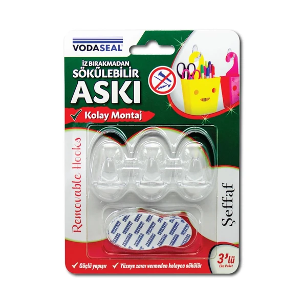 VodaSeal İz Bırakmadan Sökülebilir Askı - 3 Adet - Şeffaf ürün görseli 1