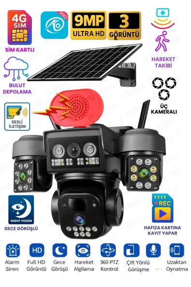 O-KAM OK8090 4G Simkartlı Solar 3 Lens 9MP Siren Mikrofon Hoparlör Yapay Zeka Güneş Panelli PTZ Kamera ürün görseli 1