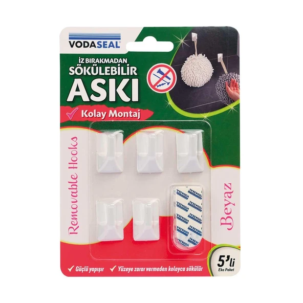 VodaSeal İz Bırakmadan Sökülebilir Küçük Askı - 5 Parça - Beyaz ürün görseli 1