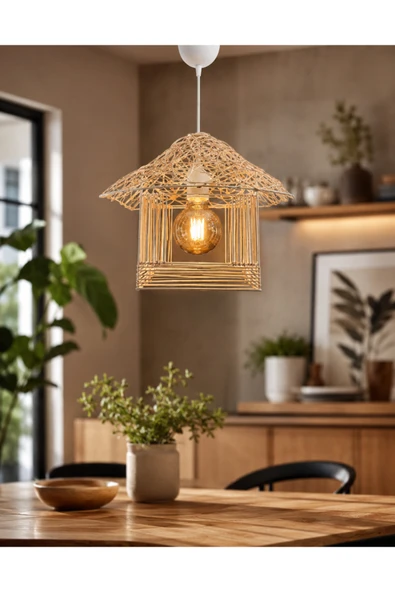 Mosso Cabana Hasır Bambu Tekli Sarkıt Avize - Çocuk Odası, Salon, Balkon Boho Avize ürün görseli 1