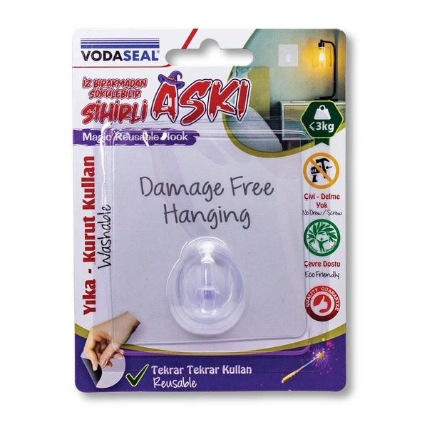 VodaSeal İz Bırakmadan Sökülebilir Sihirli Askı - Kare Şeffaf ürün görseli 1